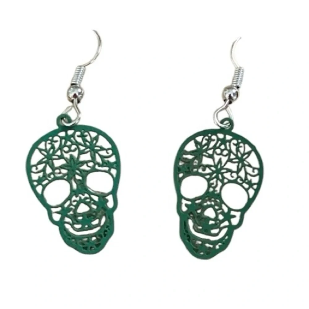 Green Sugar Skull Dangle Earrings